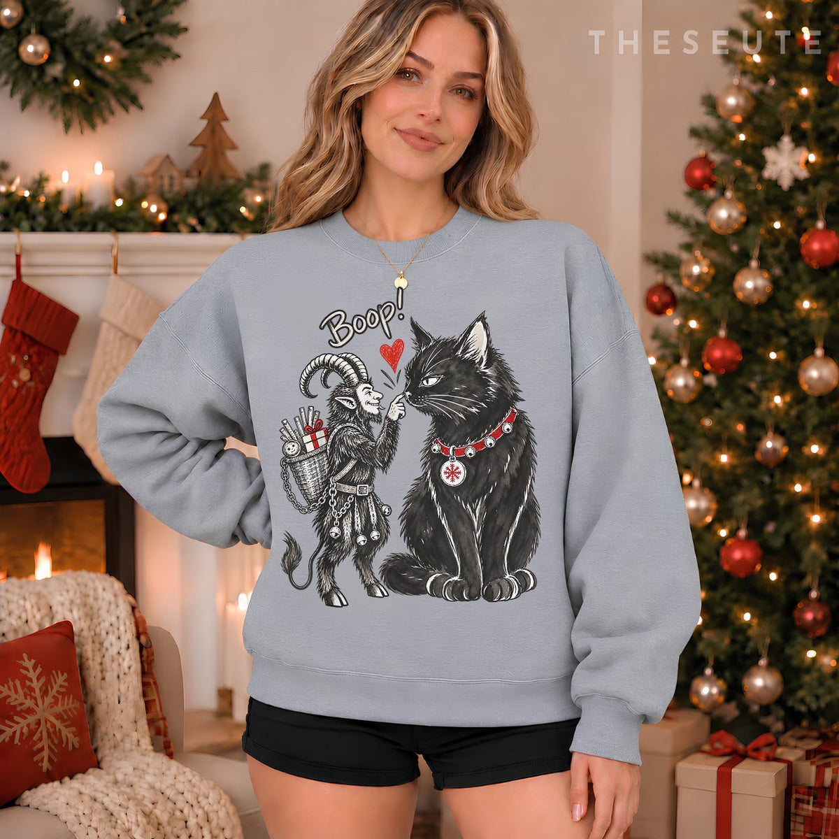 Vintage Funny Folklore Krampus Boop Yule Cat Meme Christmas Sweatshirt