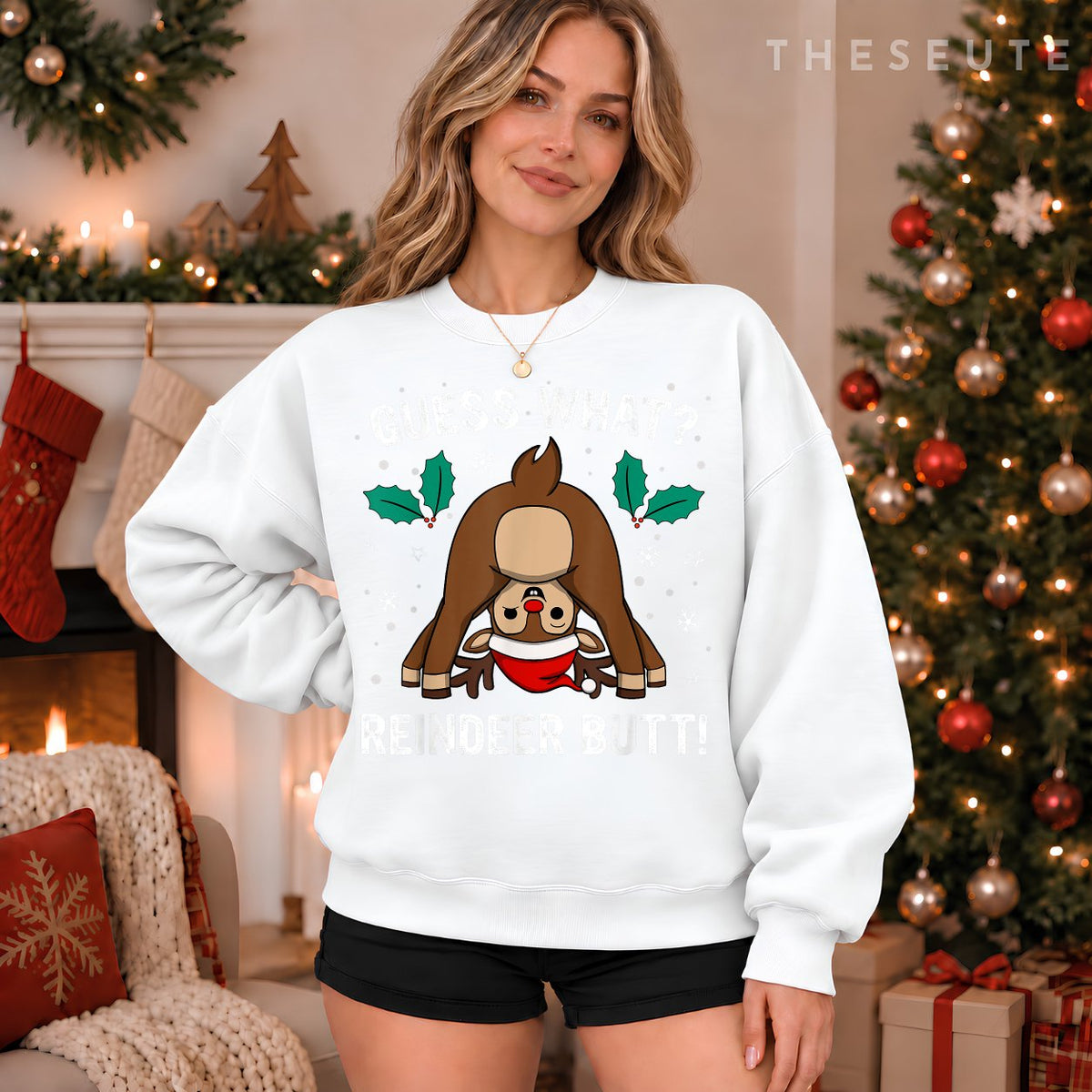 Guess What Reindeer Butt Mens & Boys Funny Ugly Christmas Sweatshirt