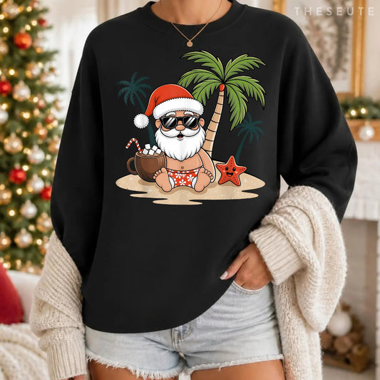Funny Christmas Santa Hawaiian Beach Xmas Palm Tree Tropical Sweatshirt