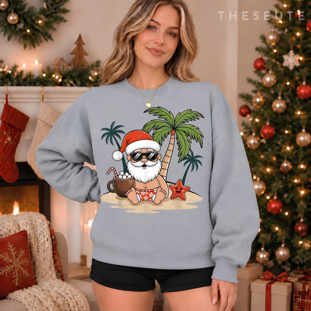Funny Christmas Santa Hawaiian Beach Xmas Palm Tree Tropical Sweatshirt