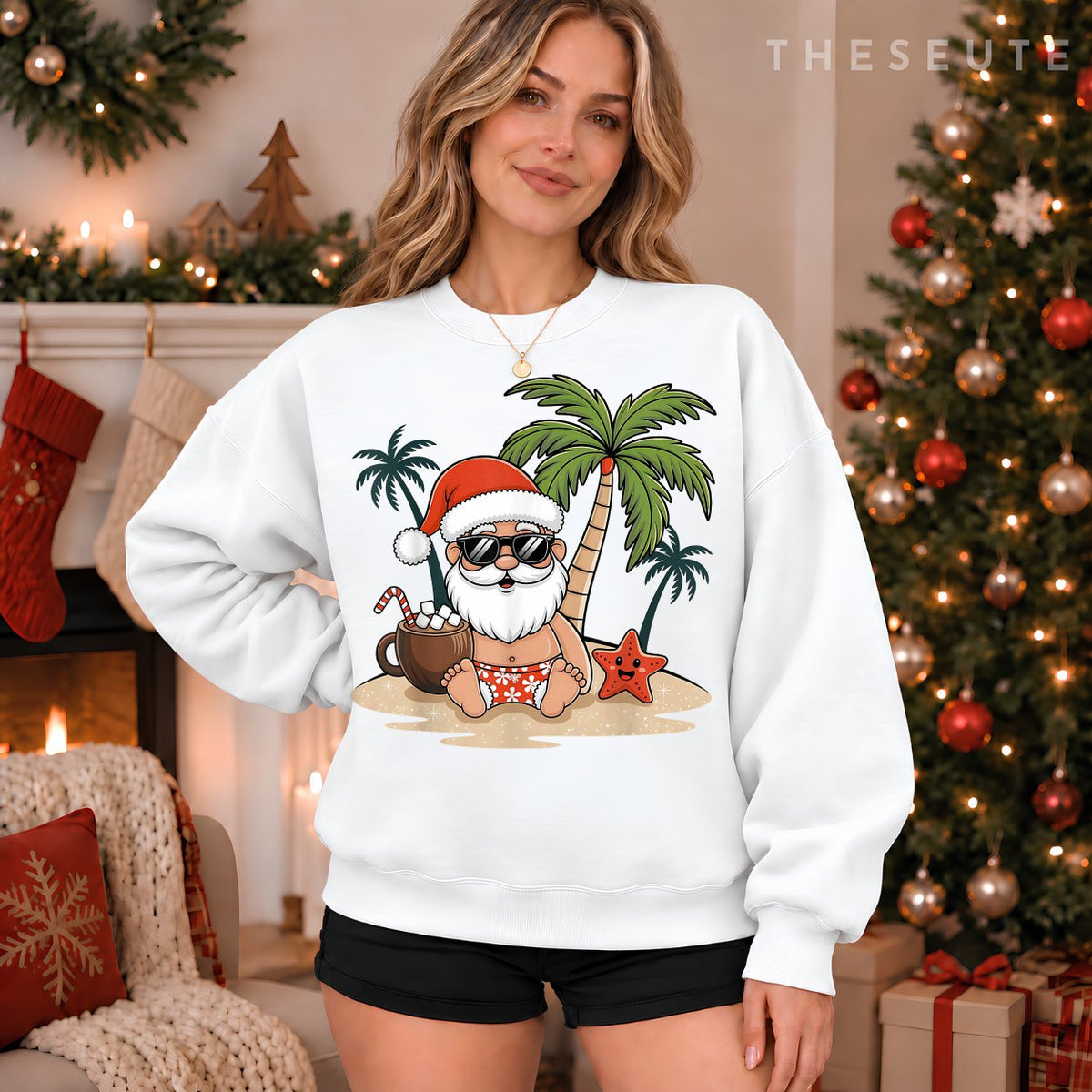 Funny Christmas Santa Hawaiian Beach Xmas Palm Tree Tropical Sweatshirt