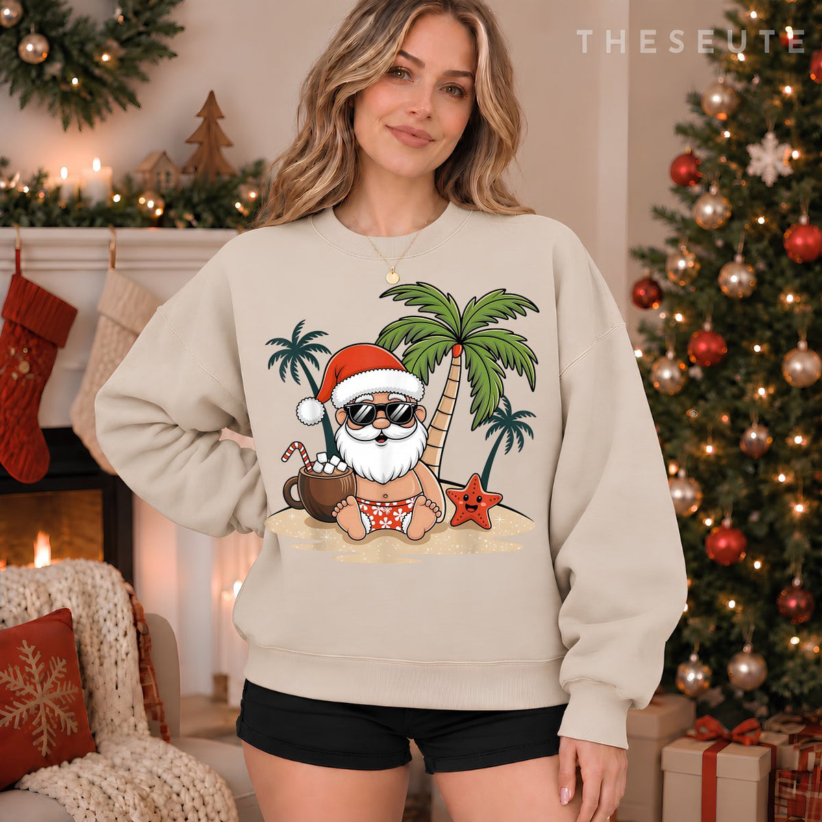 Funny Christmas Santa Hawaiian Beach Xmas Palm Tree Tropical Sweatshirt