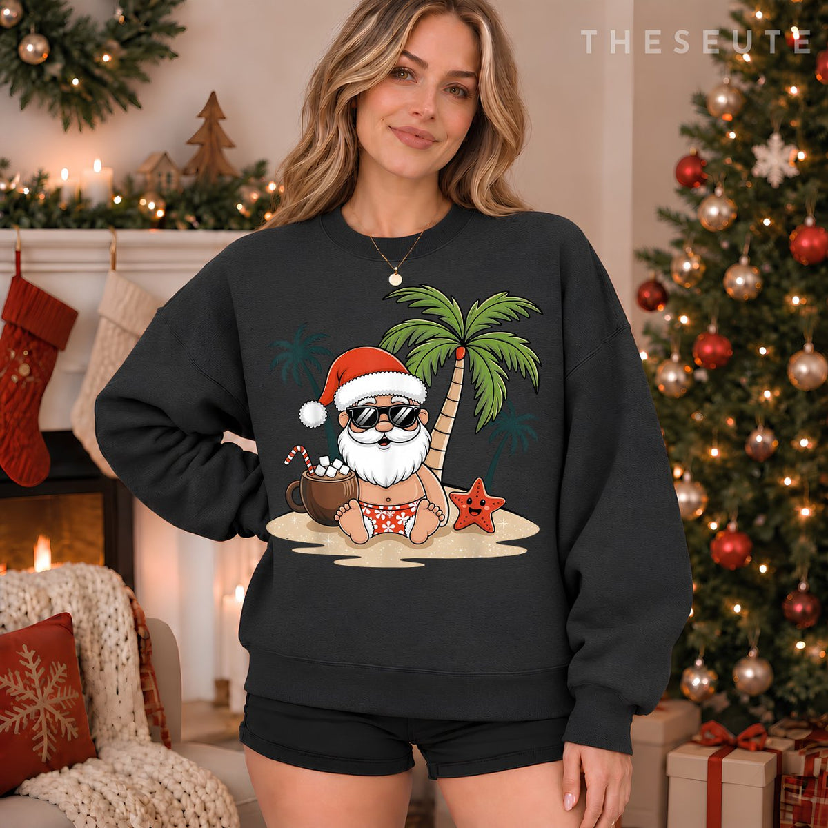 Funny Christmas Santa Hawaiian Beach Xmas Palm Tree Tropical Sweatshirt