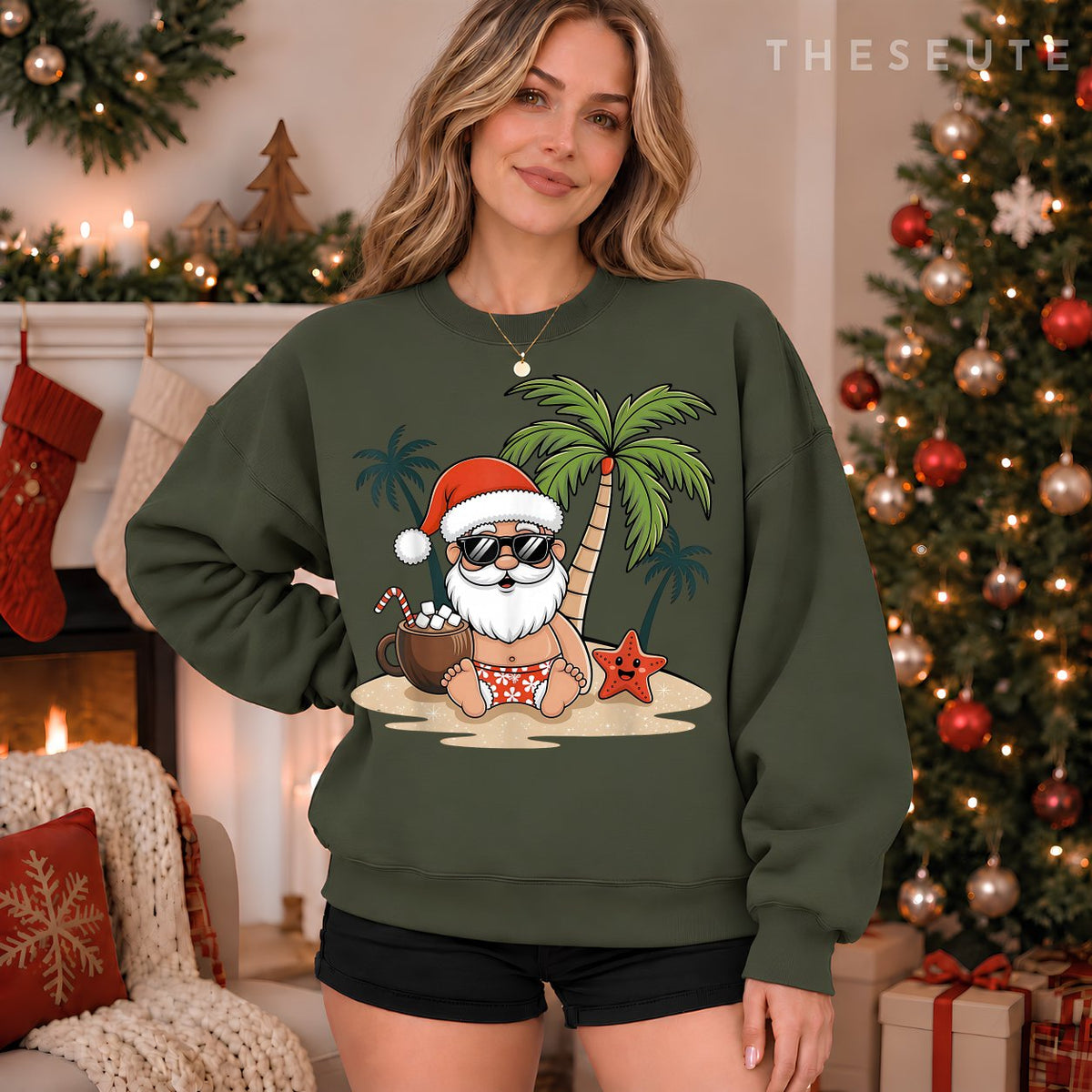 Funny Christmas Santa Hawaiian Beach Xmas Palm Tree Tropical Sweatshirt