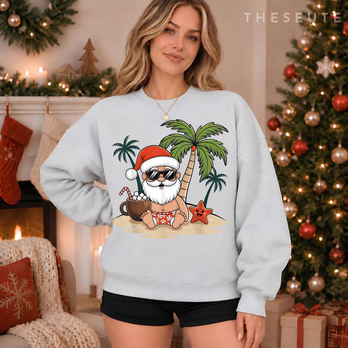 Funny Christmas Santa Hawaiian Beach Xmas Palm Tree Tropical Sweatshirt