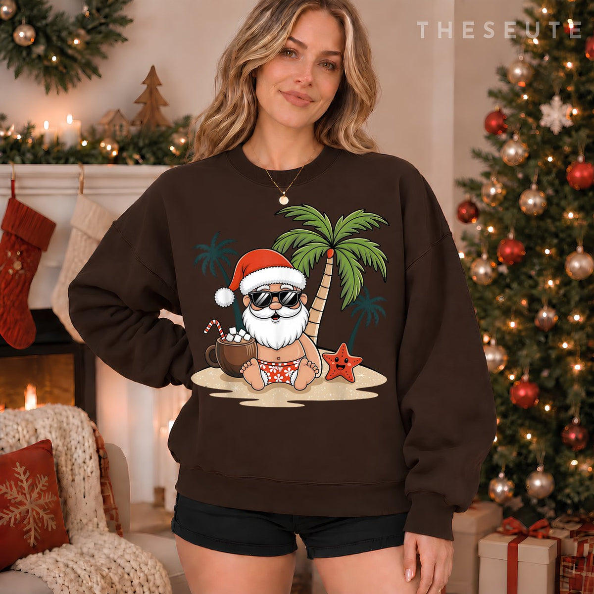 Funny Christmas Santa Hawaiian Beach Xmas Palm Tree Tropical Sweatshirt