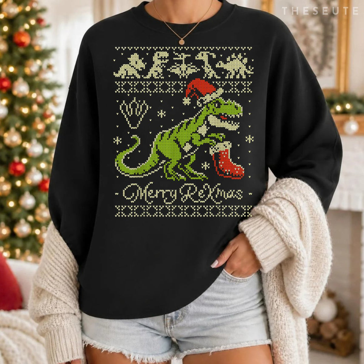 Dinosaur Ugly Christmas Sweatshirt - Funny Christmas Sweatshirt