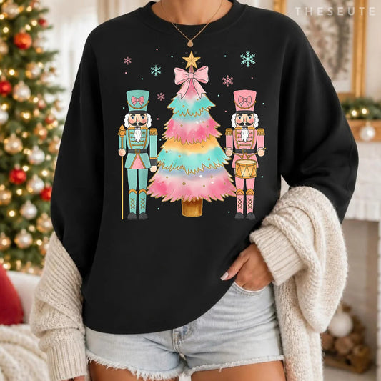 Pastel Nutcracker Soldier Pink Bow Christmas Tree Women Girl Sweatshirt