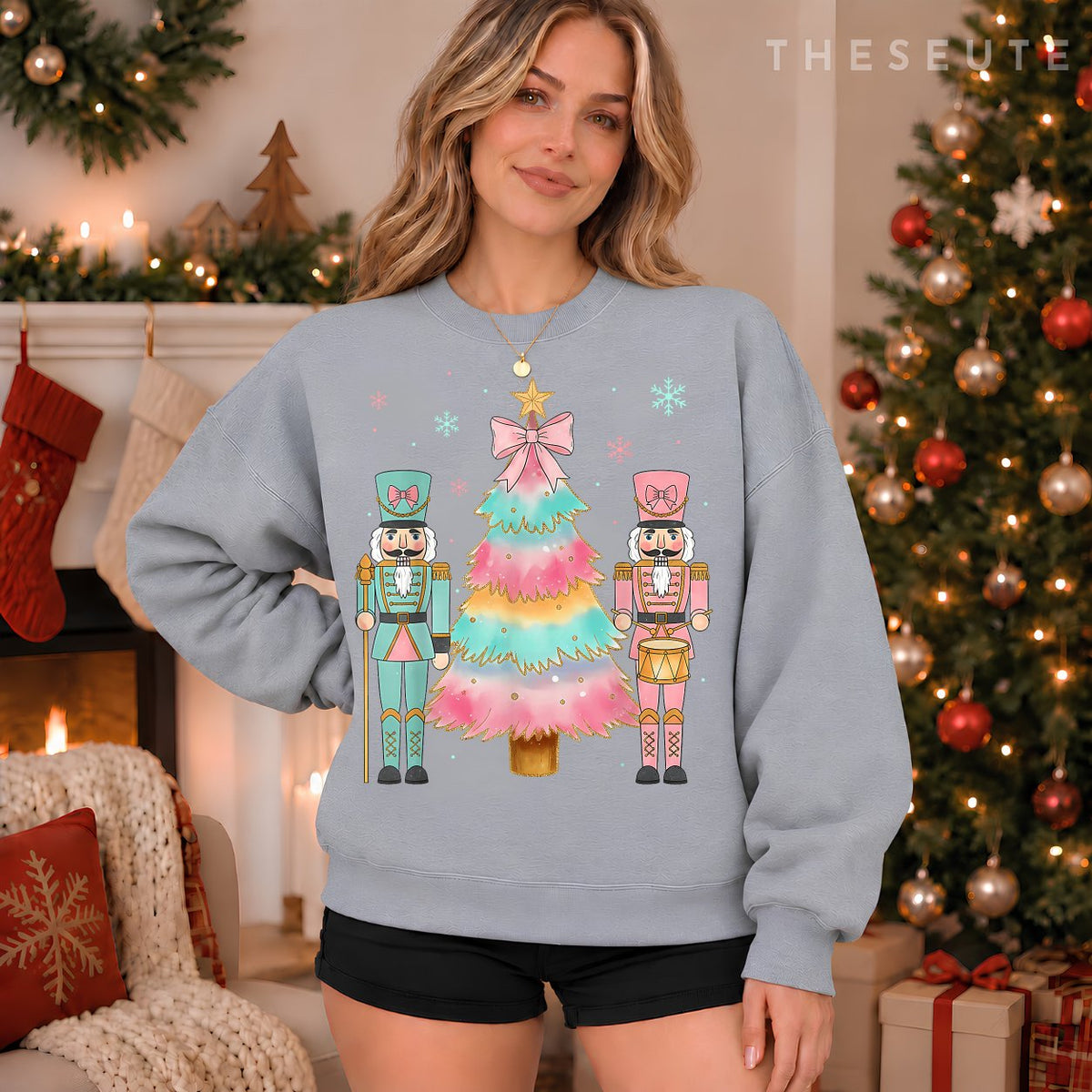Pastel Nutcracker Soldier Pink Bow Christmas Tree Women Girl Sweatshirt