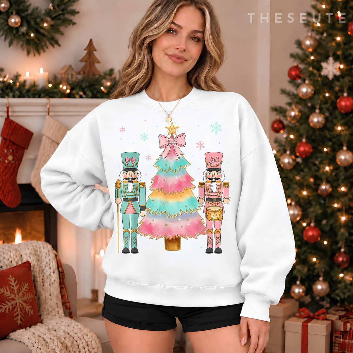 Pastel Nutcracker Soldier Pink Bow Christmas Tree Women Girl Sweatshirt
