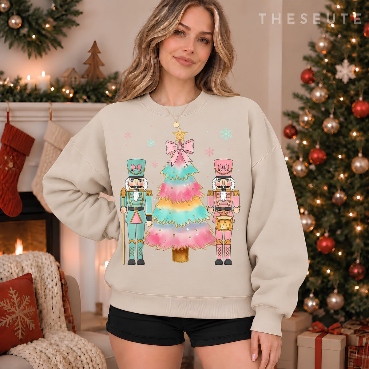 Pastel Nutcracker Soldier Pink Bow Christmas Tree Women Girl Sweatshirt