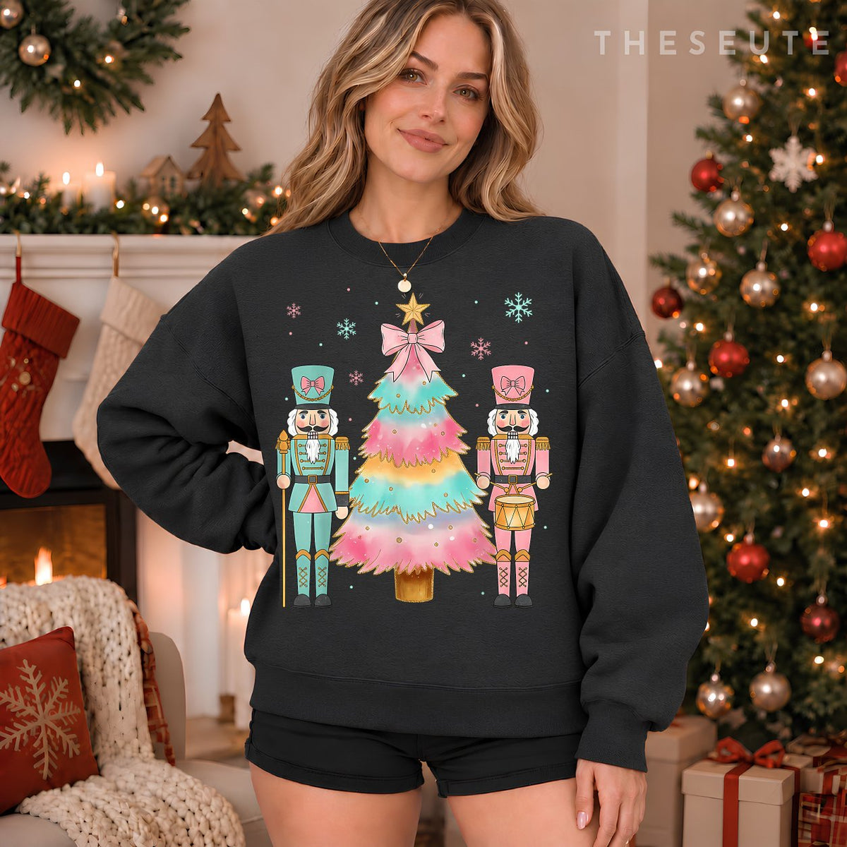 Pastel Nutcracker Soldier Pink Bow Christmas Tree Women Girl Sweatshirt