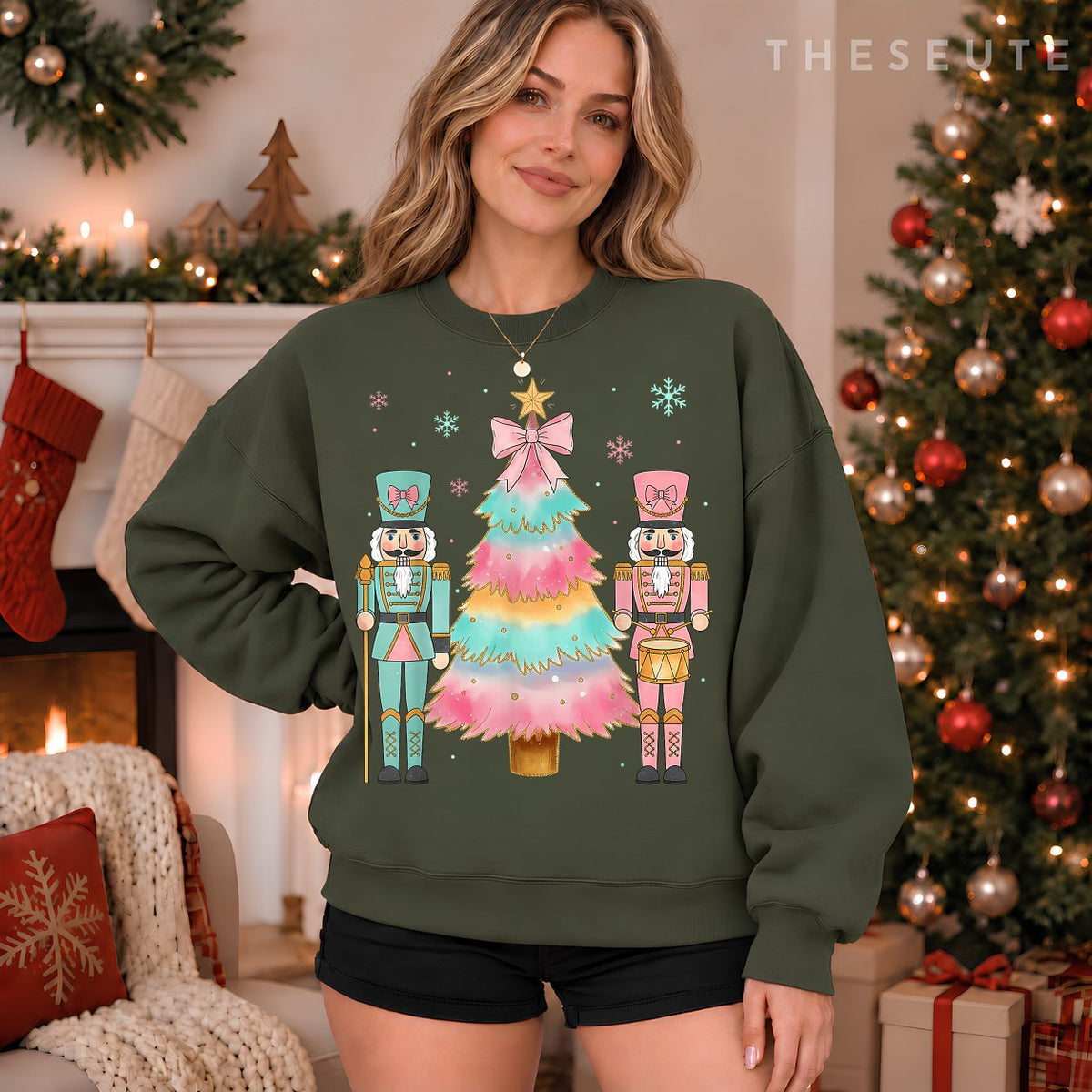 Pastel Nutcracker Soldier Pink Bow Christmas Tree Women Girl Sweatshirt