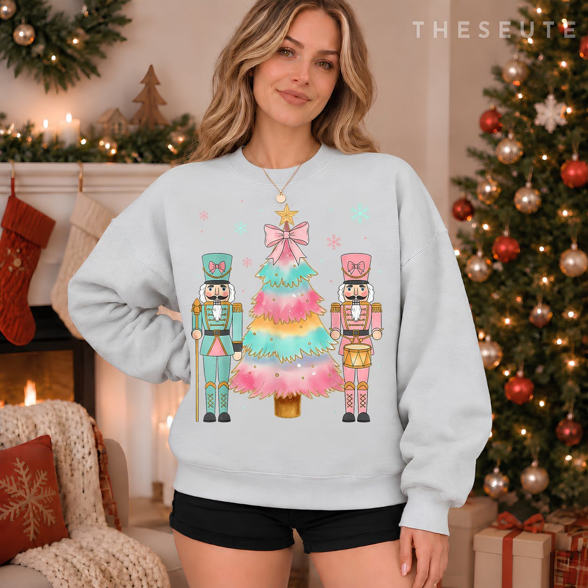 Pastel Nutcracker Soldier Pink Bow Christmas Tree Women Girl Sweatshirt