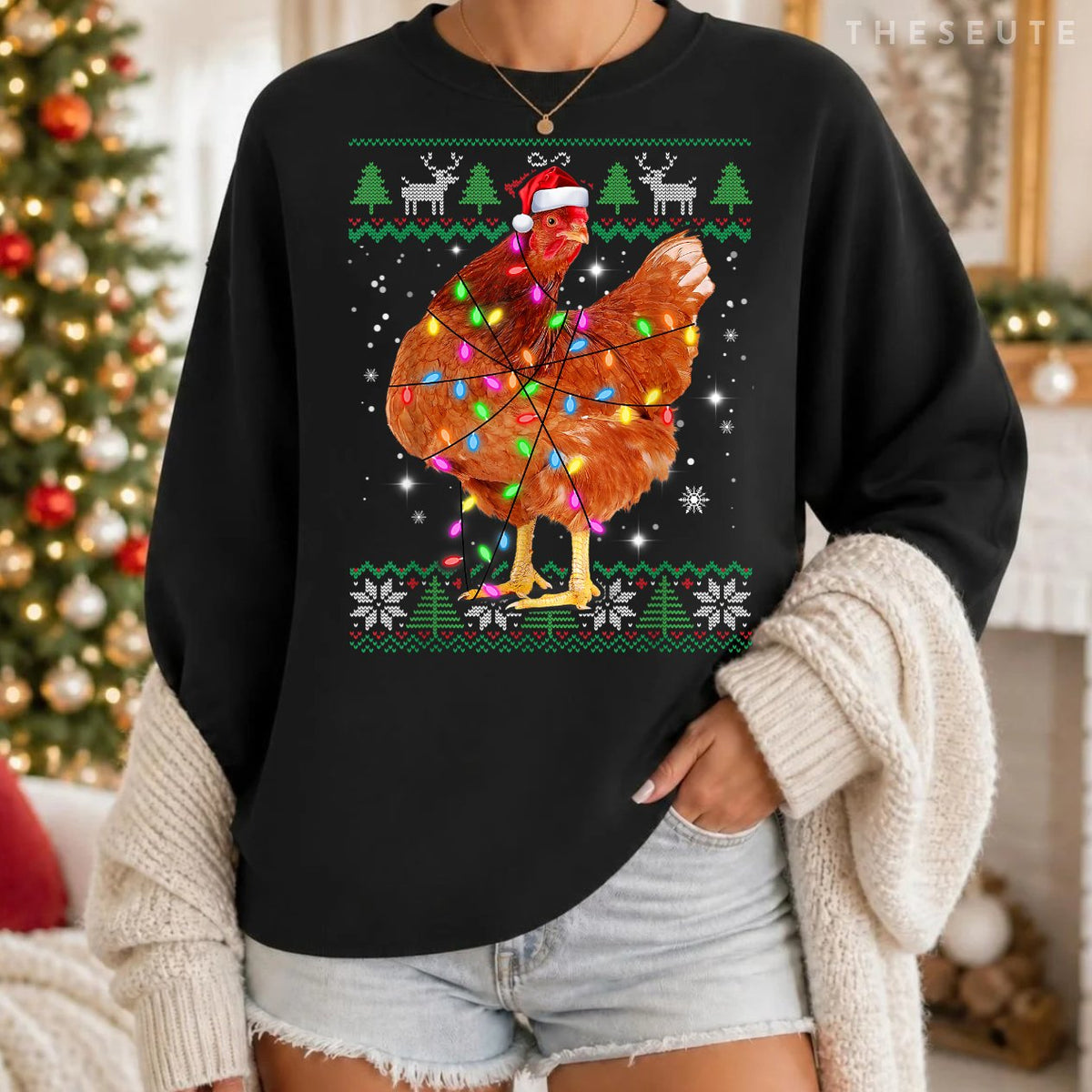 Ugly Christmas Chicken Santa Hat Lights Sweatshirt Xmas Gift Sweatshirt