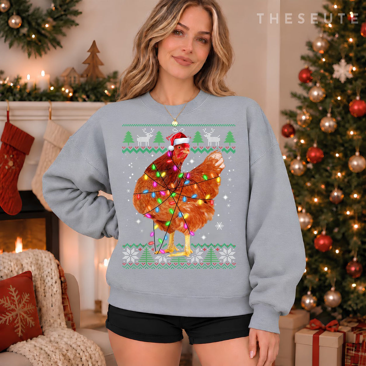 Ugly Christmas Chicken Santa Hat Lights Sweatshirt Xmas Gift Sweatshirt