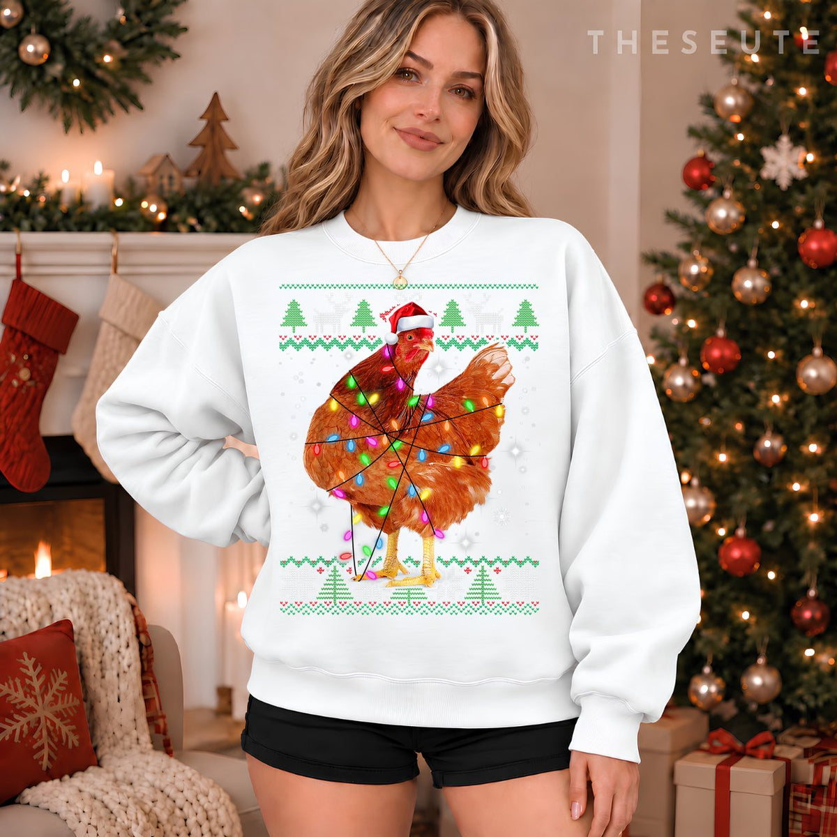 Ugly Christmas Chicken Santa Hat Lights Sweatshirt Xmas Gift Sweatshirt