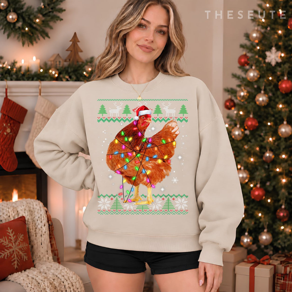 Ugly Christmas Chicken Santa Hat Lights Sweatshirt Xmas Gift Sweatshirt