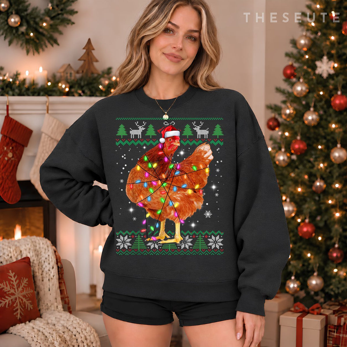 Ugly Christmas Chicken Santa Hat Lights Sweatshirt Xmas Gift Sweatshirt