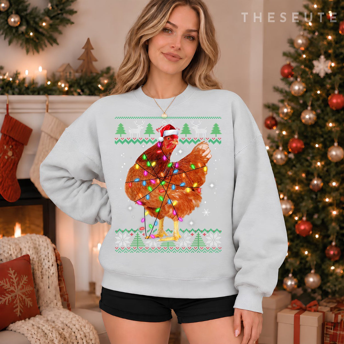 Ugly Christmas Chicken Santa Hat Lights Sweatshirt Xmas Gift Sweatshirt
