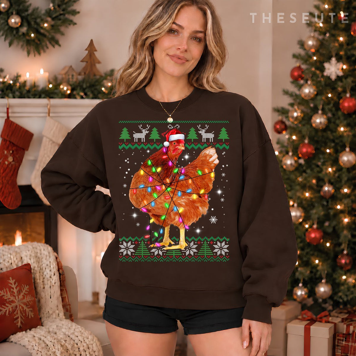 Ugly Christmas Chicken Santa Hat Lights Sweatshirt Xmas Gift Sweatshirt