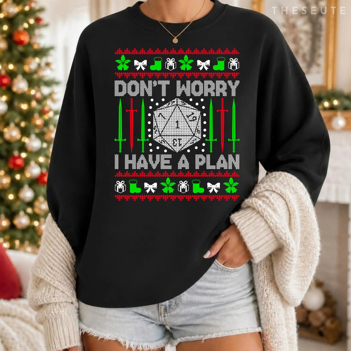 Don't Worry I have Plan Christmas D20 Ugly Dungeons Sweatshirt