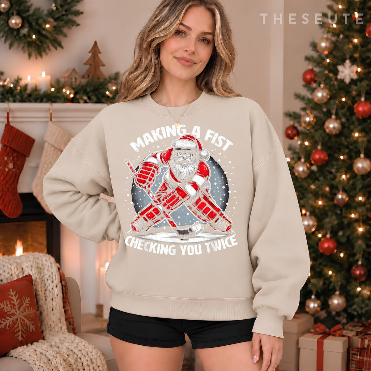 Making A Fist Checking You Twice Ugly Christmas Santa Hockey Sweatshirt