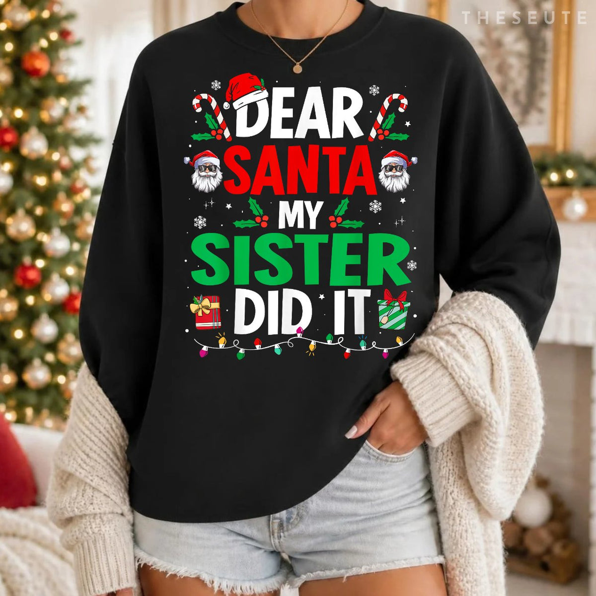 Dear Santa My Sister Did It Girls Kids Boys Funny Christmas Sweatshirt