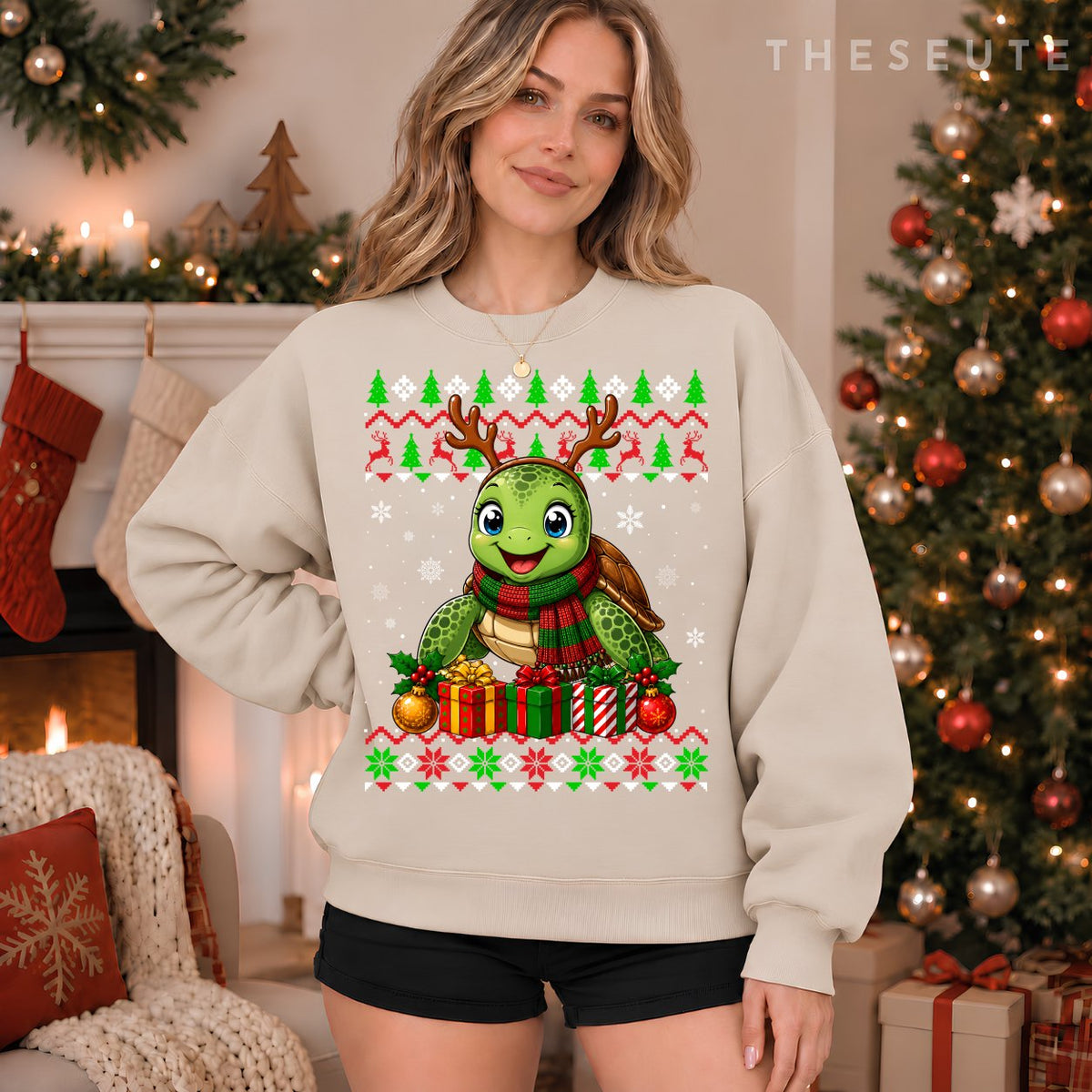 Sea Turtle Christmas Ugly Sweatshirt Festive Sea Animal Xmas Sweatshirt