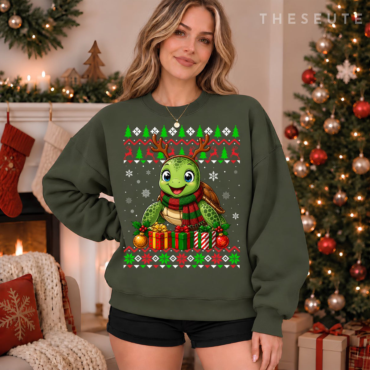 Sea Turtle Christmas Ugly Sweatshirt Festive Sea Animal Xmas Sweatshirt