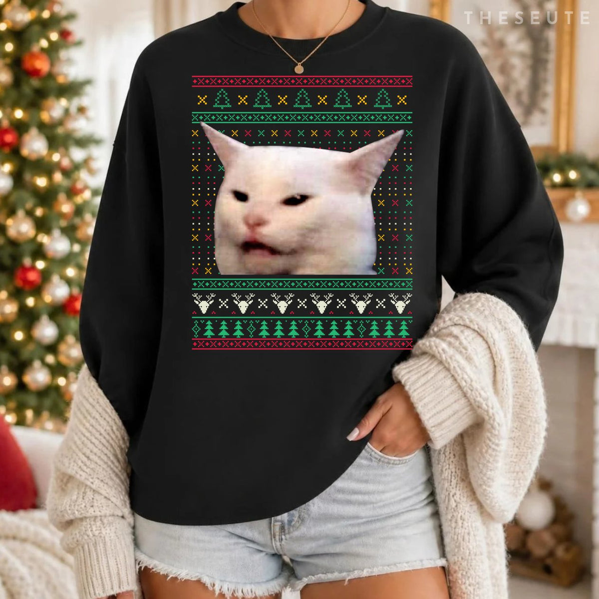 Woman Yelling at a Cat Ugly X-mas Sweatshirt Funny Meme Dress Sweatshirt