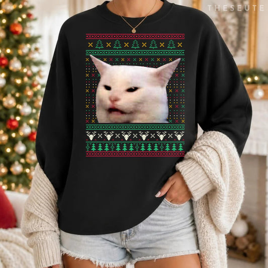 Woman Yelling at a Cat Ugly X-mas Sweatshirt Funny Meme Dress Sweatshirt