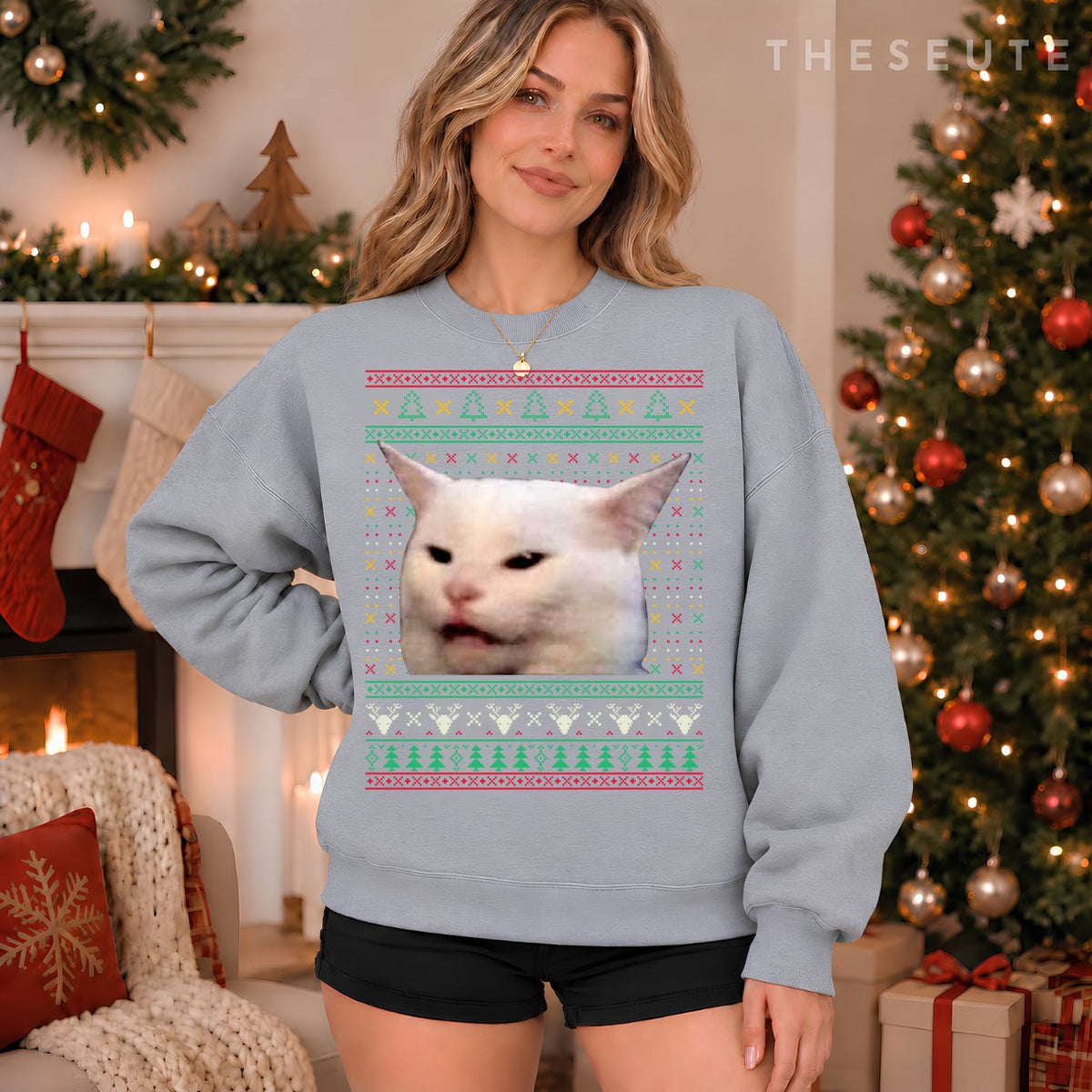 Woman Yelling at a Cat Ugly X-mas Sweatshirt Funny Meme Dress Sweatshirt