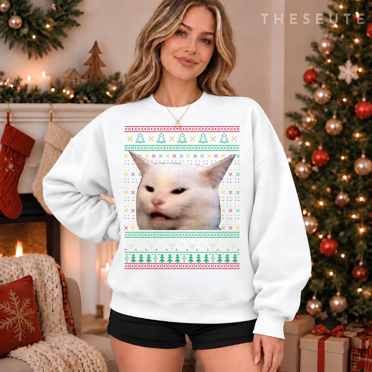 Woman Yelling at a Cat Ugly X-mas Sweatshirt Funny Meme Dress Sweatshirt