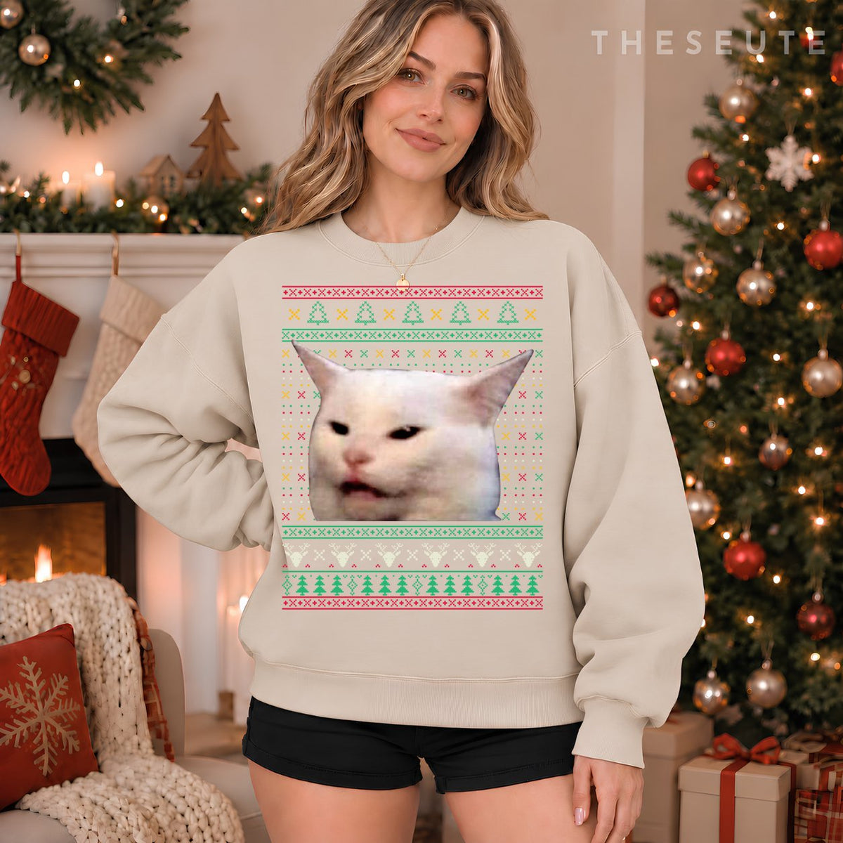 Woman Yelling at a Cat Ugly X-mas Sweatshirt Funny Meme Dress Sweatshirt