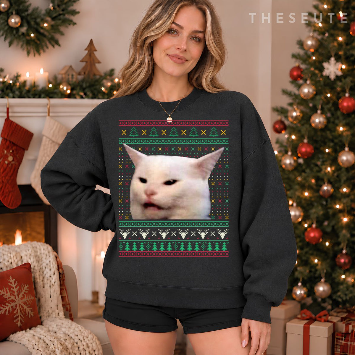 Woman Yelling at a Cat Ugly X-mas Sweatshirt Funny Meme Dress Sweatshirt