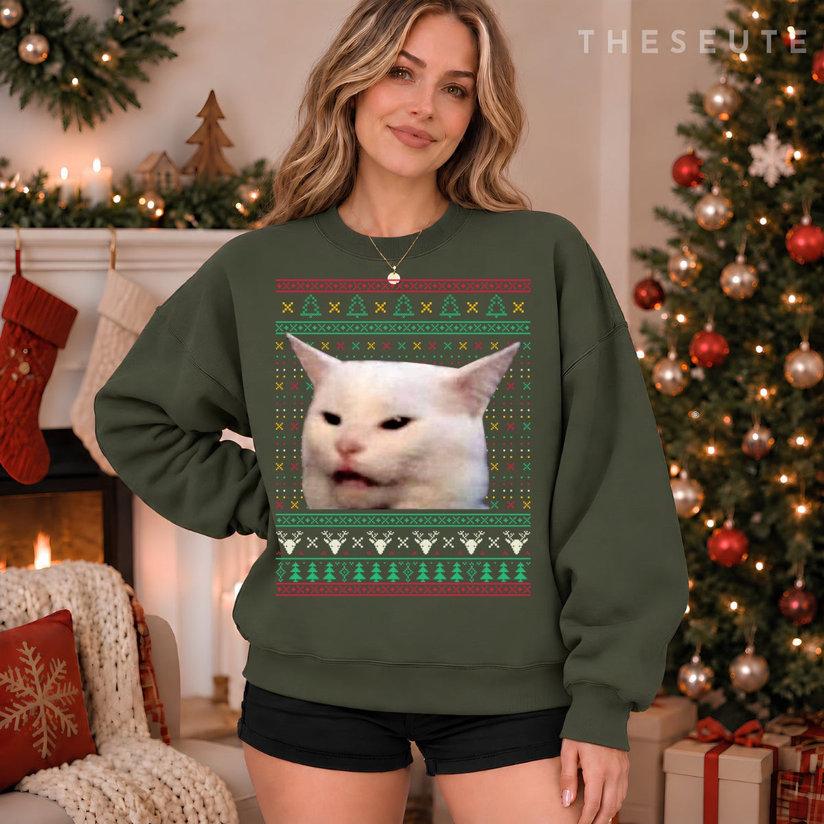 Woman Yelling at a Cat Ugly X-mas Sweatshirt Funny Meme Dress Sweatshirt