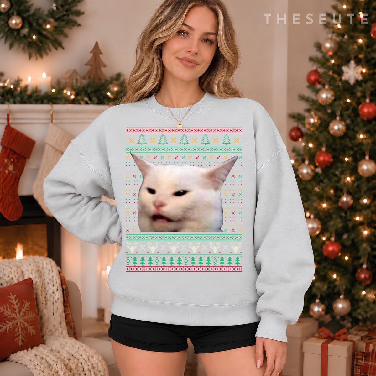 Woman Yelling at a Cat Ugly X-mas Sweatshirt Funny Meme Dress Sweatshirt