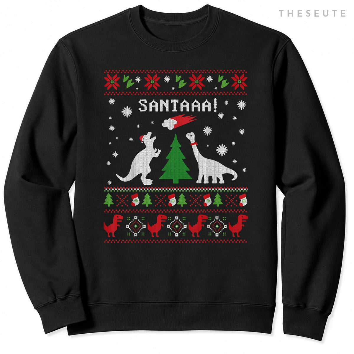 Funny Dinosaur Christmas Ugly Sweatshirt Santa Meteor Xmas Sweatshirt