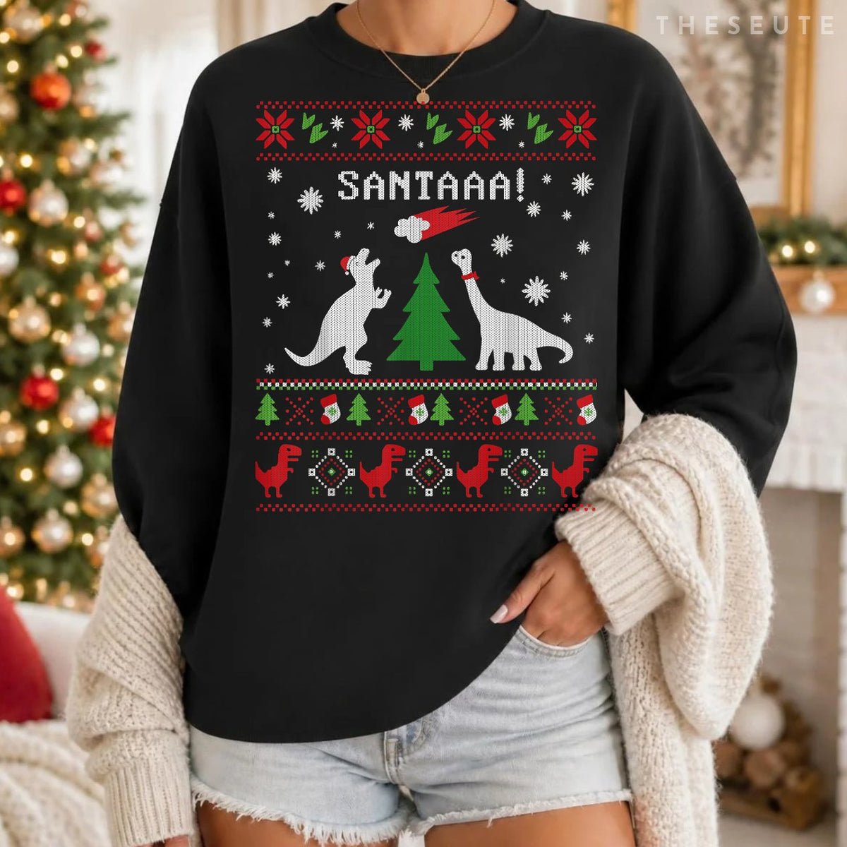 Funny Dinosaur Christmas Ugly Sweatshirt Santa Meteor Xmas Sweatshirt