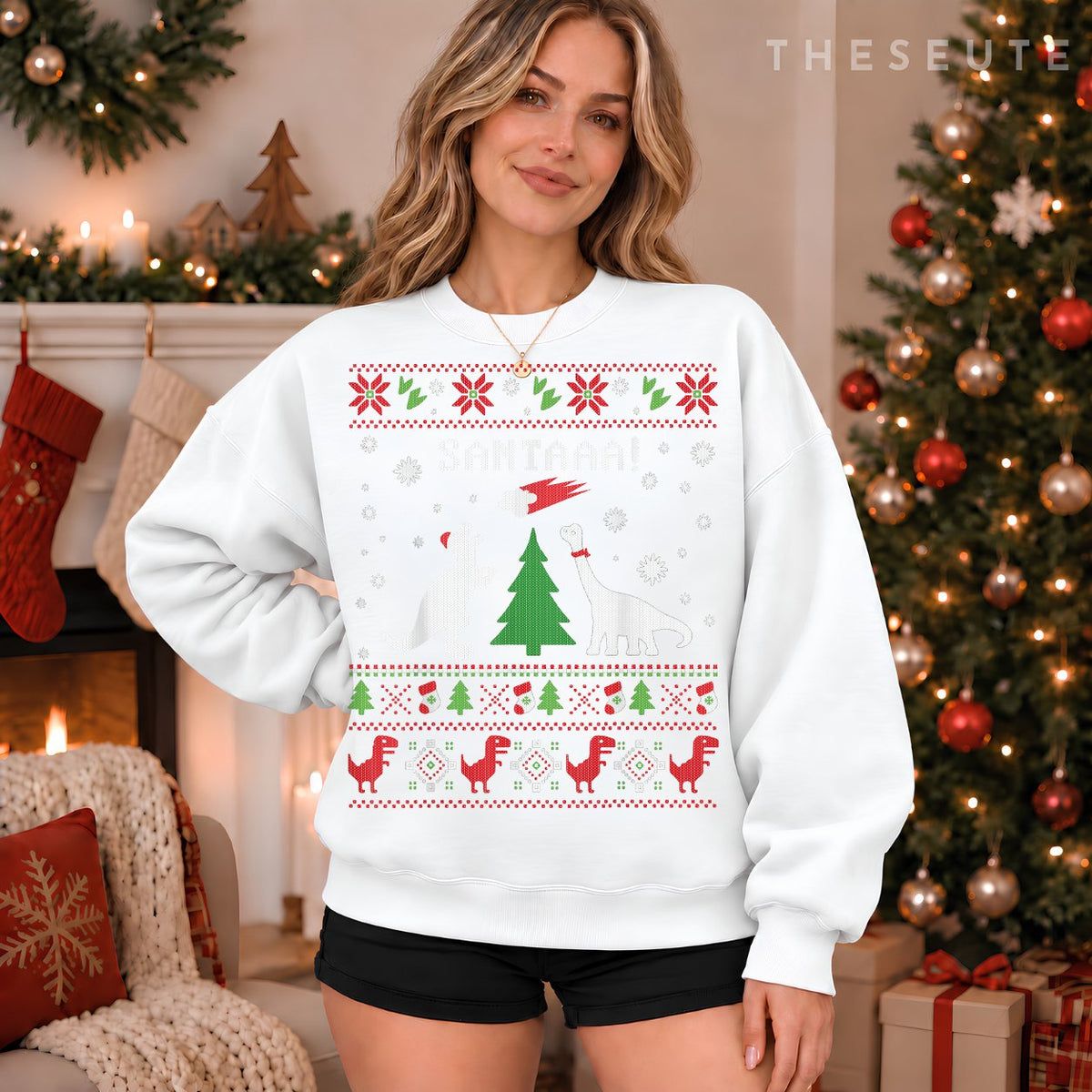 Funny Dinosaur Christmas Ugly Sweatshirt Santa Meteor Xmas Sweatshirt
