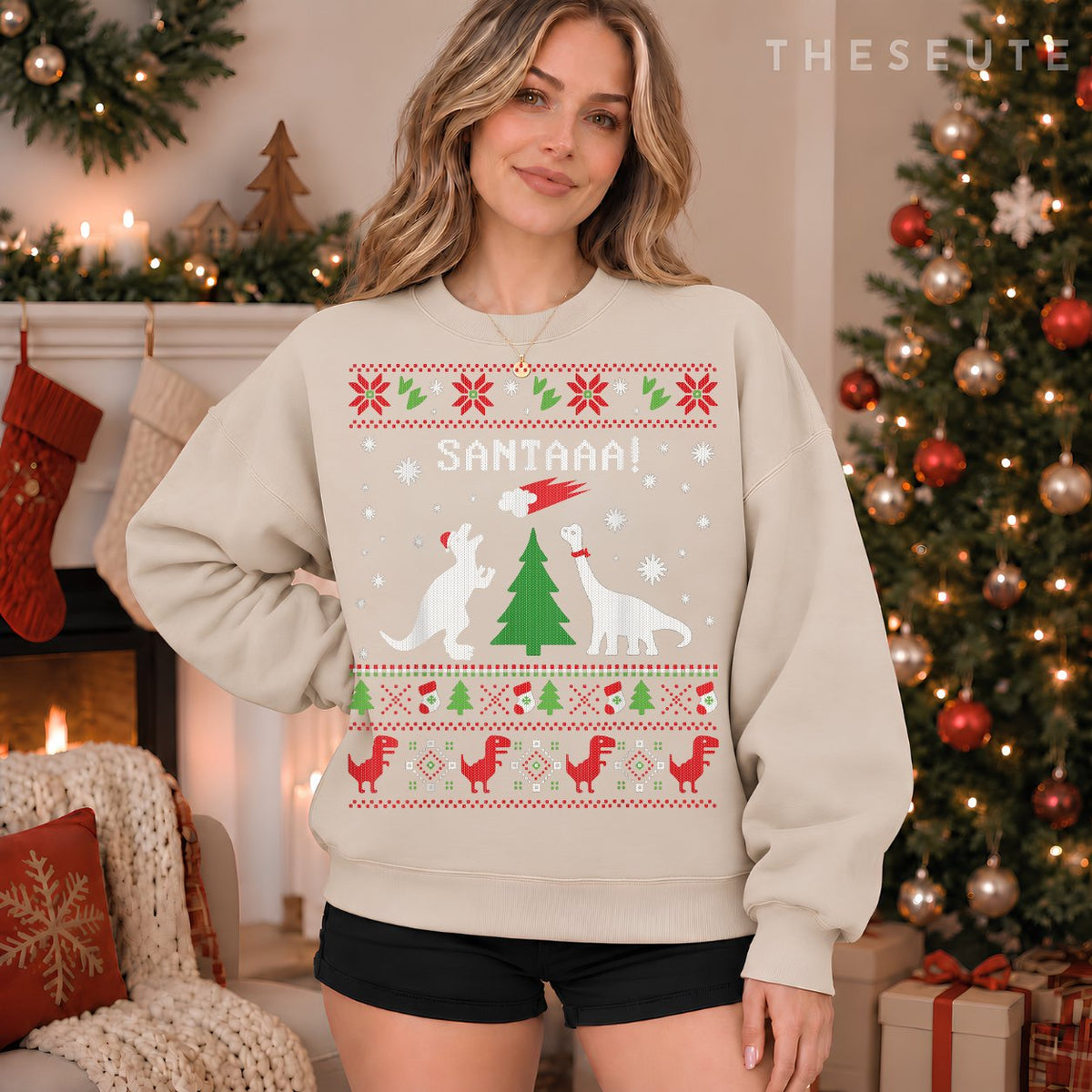 Funny Dinosaur Christmas Ugly Sweatshirt Santa Meteor Xmas Sweatshirt