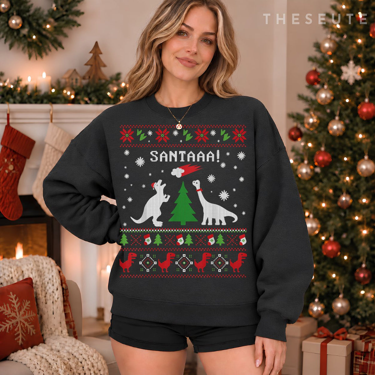 Funny Dinosaur Christmas Ugly Sweatshirt Santa Meteor Xmas Sweatshirt