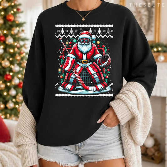 Merry Christmas Santa Hockey Goalie Ugly Christmas Sweatshirt