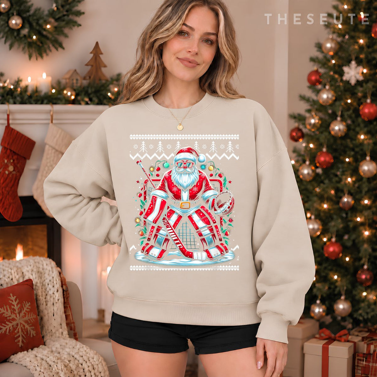Merry Christmas Santa Hockey Goalie Ugly Christmas Sweatshirt
