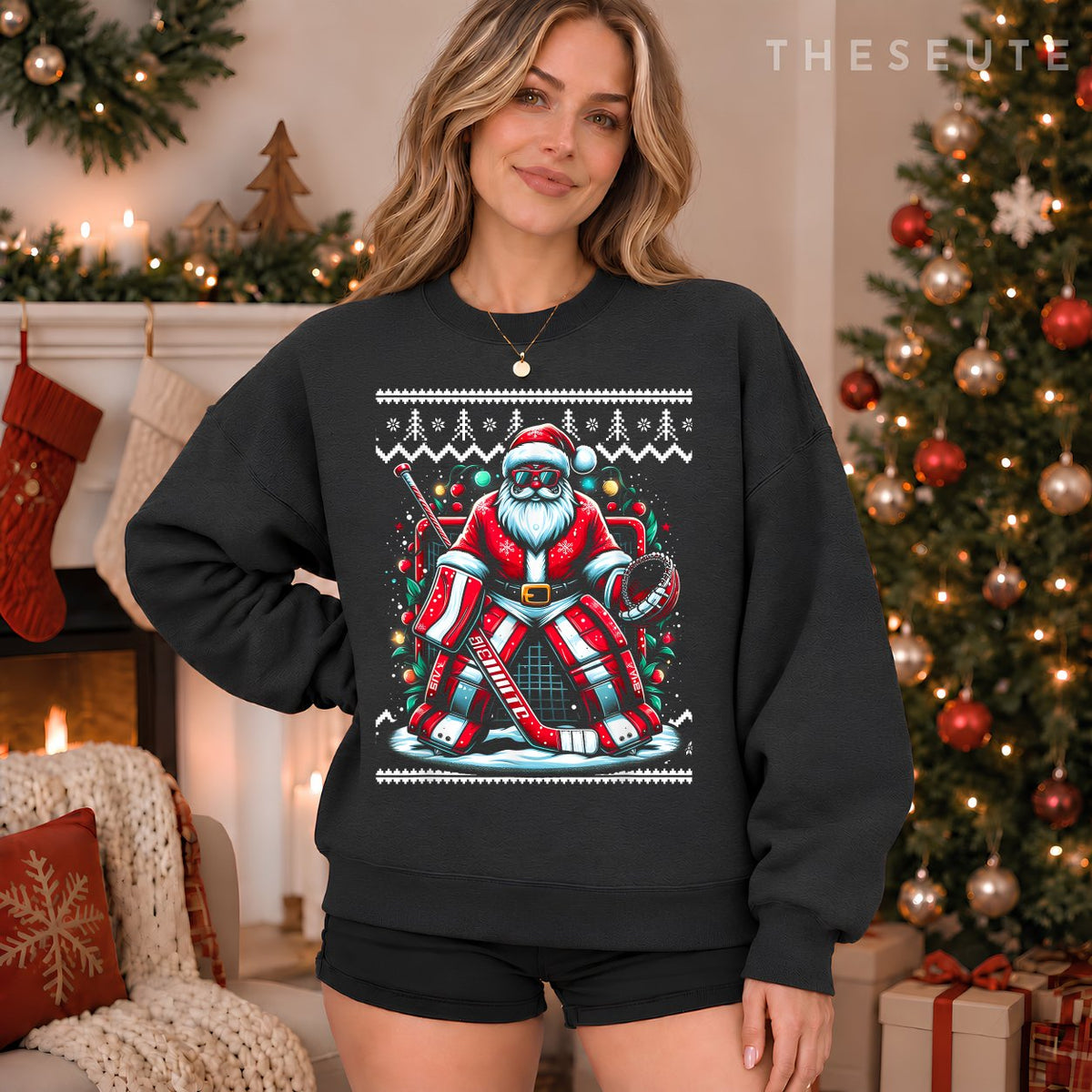 Merry Christmas Santa Hockey Goalie Ugly Christmas Sweatshirt