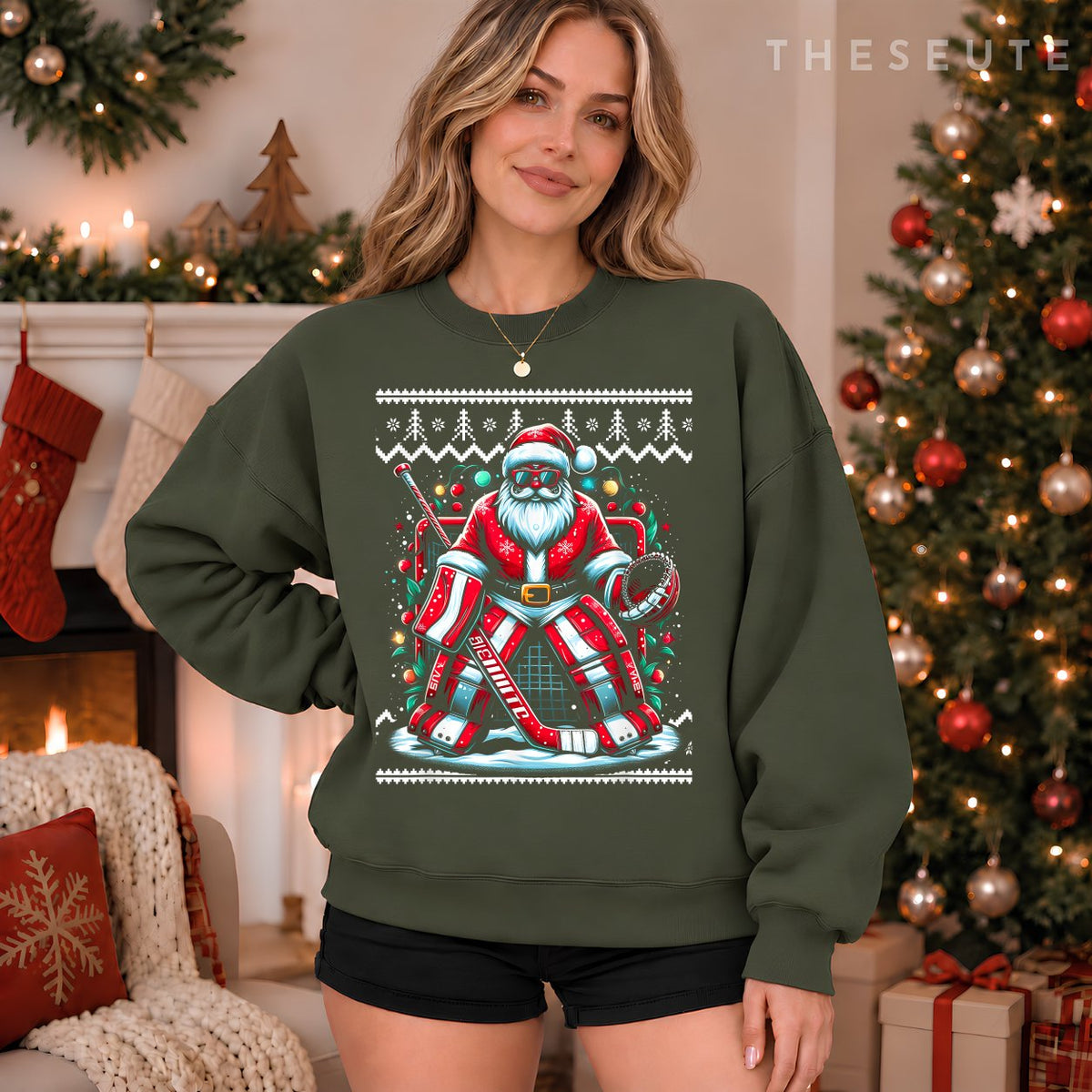 Merry Christmas Santa Hockey Goalie Ugly Christmas Sweatshirt