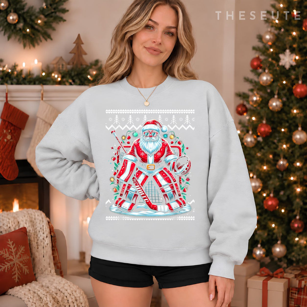 Merry Christmas Santa Hockey Goalie Ugly Christmas Sweatshirt