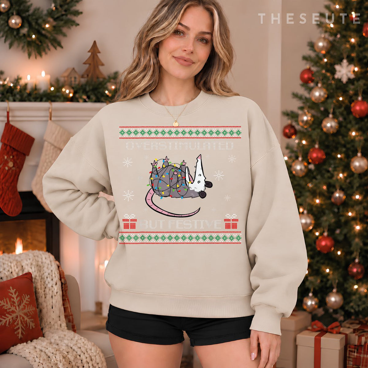 Overstimulated But Festive Possum Christmas Ugly Xmas Pajama Sweatshirt
