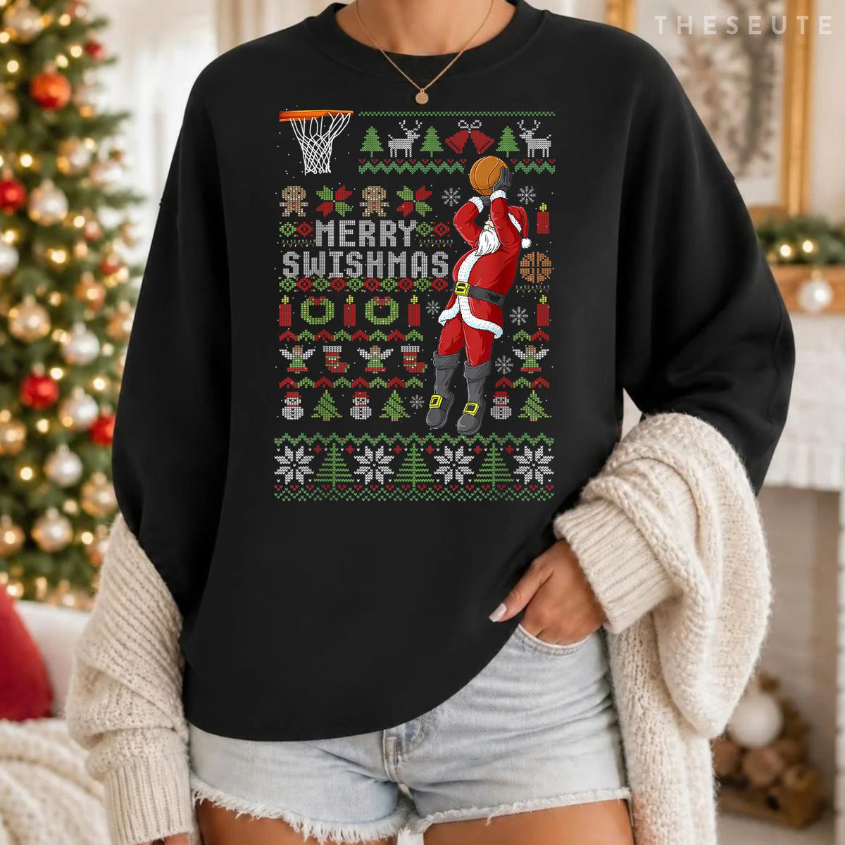 Merry Swishmas Ugly Christmas Basketball Christmas Sweatshirt